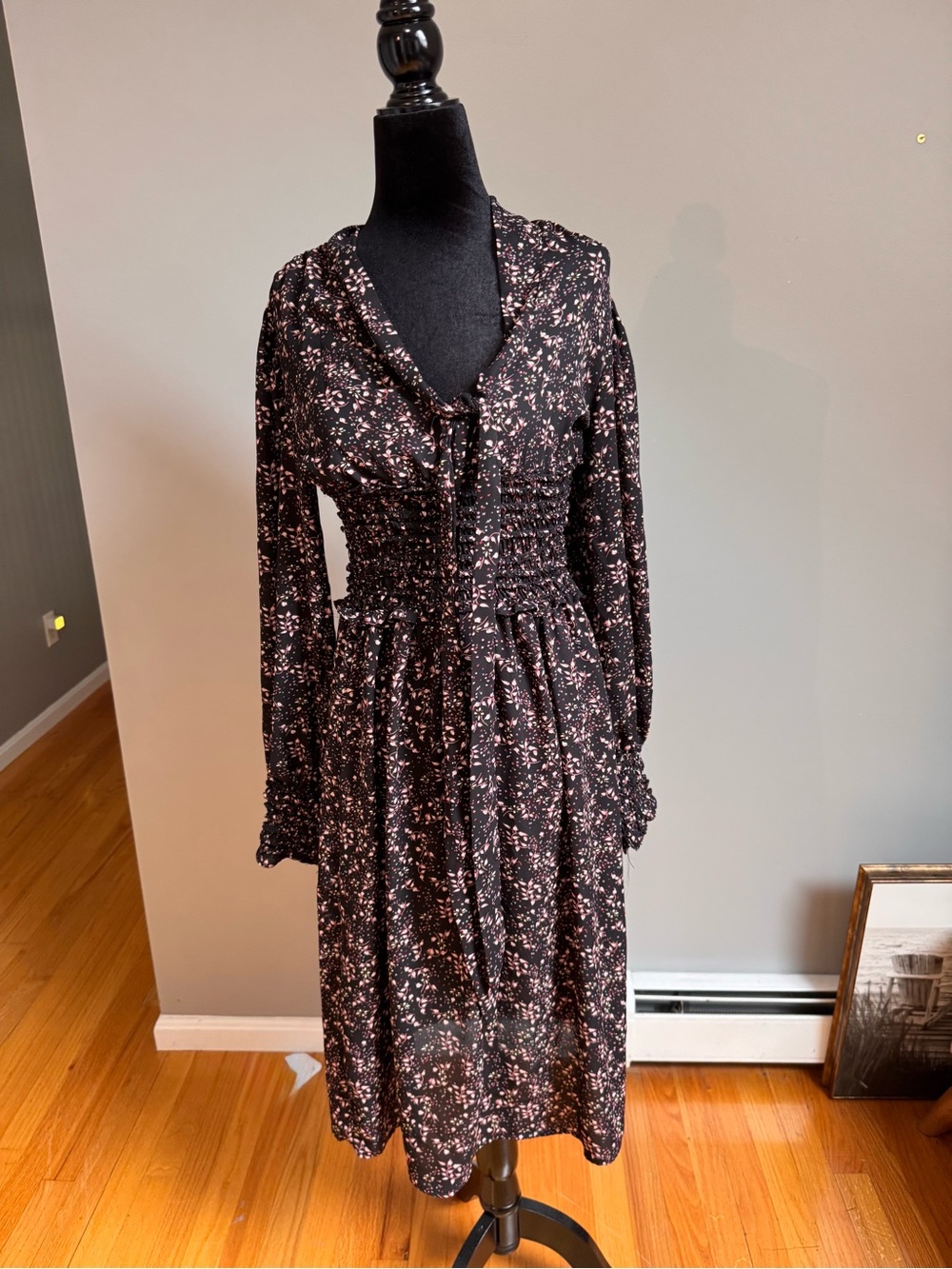 Max Studio Black Floral Long-Sleeve Midi Dress with Pink Accents